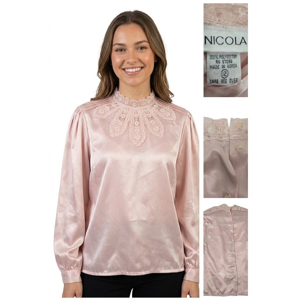 Vintage 80s Nicola Pink Satin Lace Blouse Med‎ Victorian Romantic Coquette